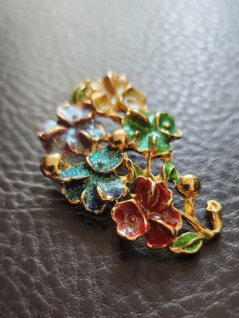 VTG Gold Floral Enamel Brooch with Multicolor Flowers